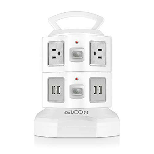 Power Strip Tower - GLCON Surge Protector Electric Charging Station 3000W 13A with 6 Outlet Plugs + 4 USB Slots + 6ft Long Extension Cord - Universal Vertical Power Tower for Home Office Travel