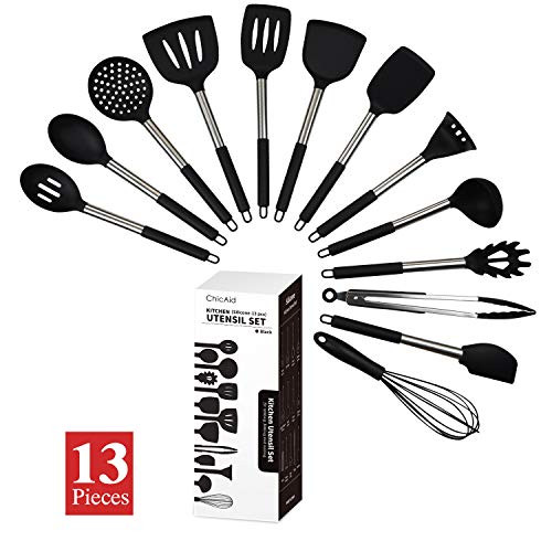 Kitchen Utensil Set, 13 Silicone Cooking Utensil Set, Silicone Utensil Spatula Set for Nonstick Cookware, ChicAid Kitchen Gadgets with Silicone Stainless Steel Handles(black, 13pcs)