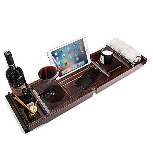 MICraft Luxury Bamboo Bathtub Tray, Premium Bath Caddy with Extending Sides, Book Holder, Tablet Holder, Cellphone Tray & Wineglass Holder