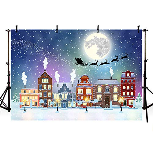 MEHOFOTO 7x5ft Cartoon Christmas Snow Santa Deer Photography Backdrops Christmas Eve Street Moon Photo Studio Backgrounds Props
