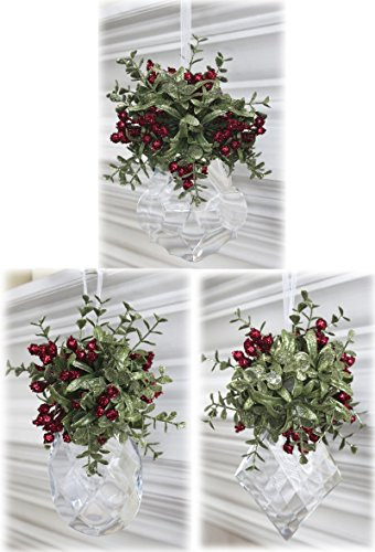 Set of 3 Ganz Mistletoe Kissing Krystal Ornaments - 8.5" Tall