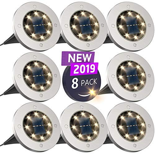 Solar Ground Lights?Disk Lights Solar Powered - 8 LED ?Outdoor in-ground Solar Lights for Landscape?Walkway?Lawn ?Steps Decks?Pathway Yard Stairs Fences, LED lamp, Waterproof(8 Warm White)