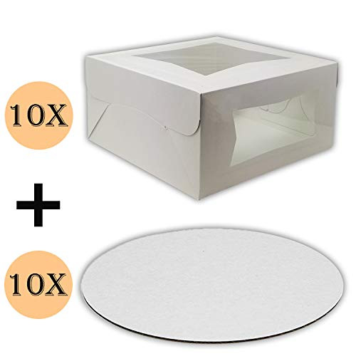 Cake Boxes 10 x 10 x 5 and Cake Boards 10 Inch, Bakery Box Has Double Window, Cake Board is Round, Cake Supplies, 10 Pack of Each.