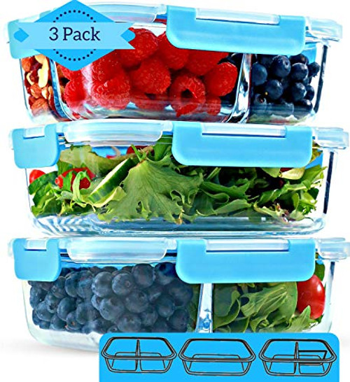 1 & 2 & 3 Compartment Glass Meal Prep Containers [3 Pack, 35 Oz] - Glass Lunch Containers, Food Storage Containers with Lids, Food Prep Containers, Glass Bento Box for Kids & Adults, Bento Lunch Box