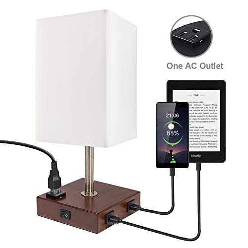 DEEPLITE Table Lamp Bedside Nightstand Lamp with Dual USB Ports and Outlet, Modern Desk Lamp with Brown Wooden Base Fabric Shade, Ambient Light for Bedroom, Living Room, Gust Room, Office (Square)