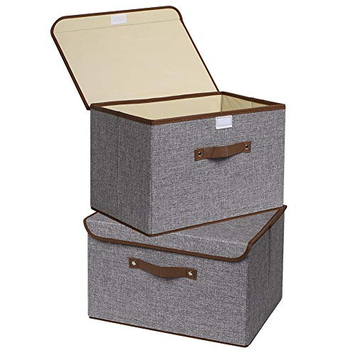 Storage Bins, UUJOLY Foldable Storage Box Cube with Lids and Handles Fabric Storage Basket Bin Organizer Collapsible Drawers Containers for Nursery,Closet,Bedroom,Home (Grey-2pcs)