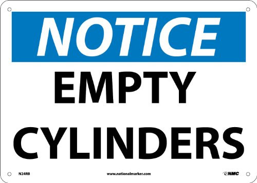 NMC N24RB OSHA Sign, "NOTICE EMPTY CYLINDERS", 14" Width x 10" Height, Rigid Plastic, Black/Blue On White