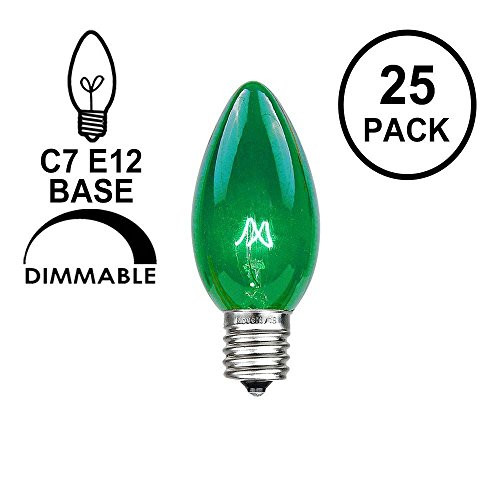 Novelty Lights 25 Pack C7 Outdoor String Light Christmas Replacement Bulbs, Green, C7/E12 Candelabra Base, 5 Watt