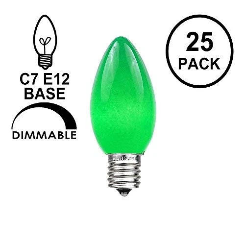Novelty Lights 25 Pack C7 Outdoor String Light Ceramic Christmas Replacement Bulbs, Green, C7/E12 Candelabra Base, 5 Watt