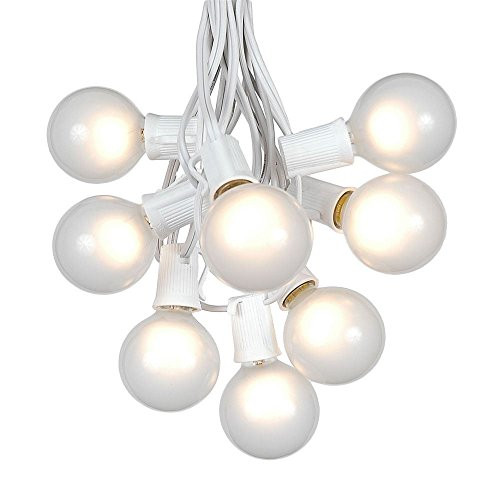 G50 Patio String Lights with 25 Frosted White Globe Bulbs  Wedding Outdoor String Lights  Market Bistro Café Hanging String Lights  Patio Garden Umbrella Globe Lights - White Wire - 25 Feet