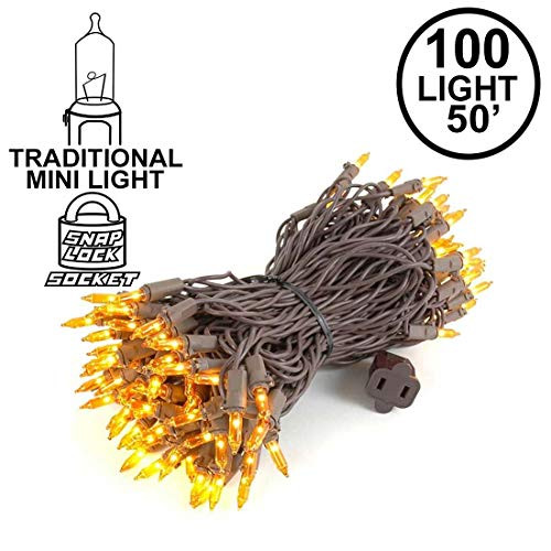 Novelty Lights 100 Light Amber Christmas Mini String Light Set, Brown Wire, Indoor/Outdoor UL Listed, 50' Long