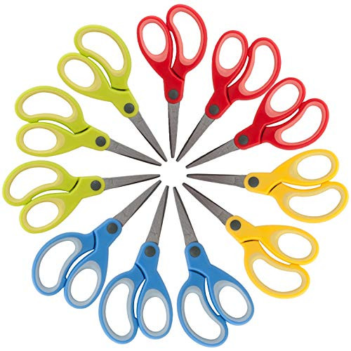 Kids Scissors 5" - 12 Pack - School Pack Of Scissors For Kids age 3 and up, Assorted Colors (Pointed Tip)