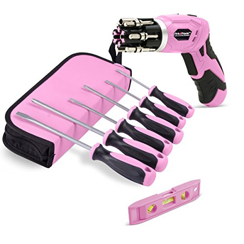 Pink Power 3.6 Volt Rechargeable Cordless Electric Screwdriver Kit and 6 Piece Handheld Screwdriver Set