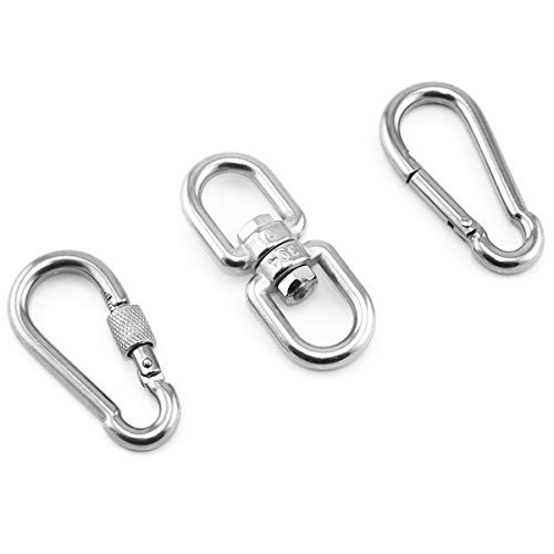 Heyous M6 Stainless Steel Double Ended Swivel Eye Hook and Safety Carabiner Spring Snap Hook Set (1x Eye to Eye Swivel Hook + 1x Snap Hook + 1x Screw Lock Snap Hook)