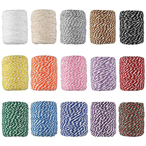 Cotton Bakers Twine, HULISEN 15 Rolls Colourful Twine String for Artworks, DIY Crafts, Gift Wrapping, Picture Display and Embellishments