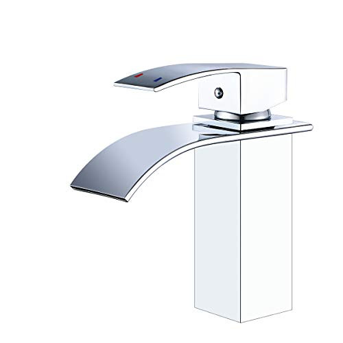 ROVATE Waterfall Bathroom Faucet, Brass Single Handle Single Hole Vanity Sink Faucet, Stainless Steel Rectangular Faucet Spout, Chrome