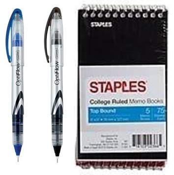 -VALUE PACK OFFICE SUPPLIES - Staples Top Bound Memo Books, 3" x 5", 5/Pack - Staples OptiFlow Rollerball Pens, Fine Point, 1 Black, 1 Blue