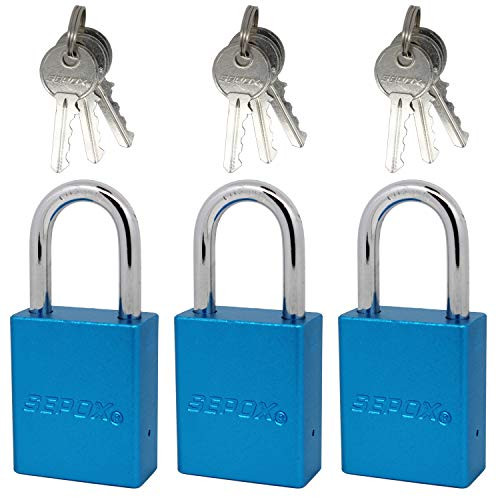 SEPOX Solid Aluminum Safety Padlock Keyed Alike 1-1/2" (38mm) Wide with 1.57''(40mm) Hardened Steel Tall Shackle Brass Cylinder Blue, Pack of 3