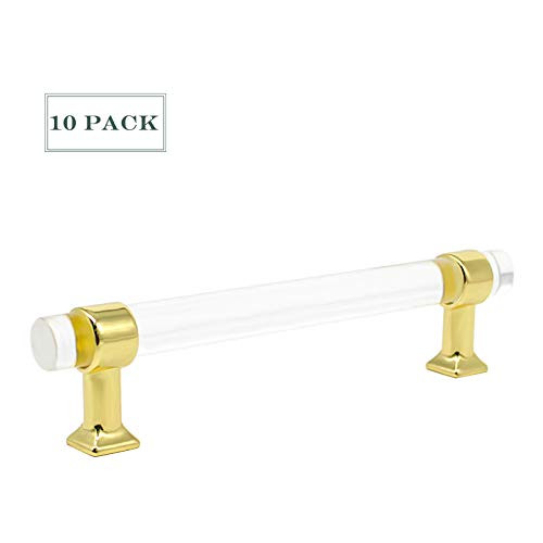 10 Pack Crystal Cabinet Pulls and Knobs Polished Brass Base Drawer Dresser Closet Cabinet Pulls and Knobs Clear Acrylic Bedroom Bathroom Gold Pull Handles