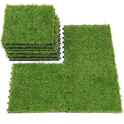 QYH Artificial Grass Tile Interlocking Floor Tiles Grass Deck Mats Tile Fake Grass Turf Synthetic Grass Carpet for Indoor Outdoor Patio Flooring 1'x1' (9 Pieces)