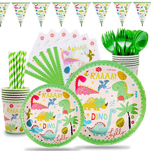 Dinosaur Party Supplies Boy and Girl Birthday Dino Themed Party Set Includes Cups Forks Spoons 9"&7" Plates Napkins Straws Triangle Banner, Bonus Tablecloth, Serves 12