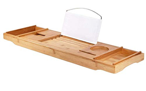 DOZYANT Bamboo Luxury Bathtub Caddy Tray Organizer with Extendable Sides and Adjustable Stainless Steel Book/Pad Holder, Perfect for Majority Size of Tubs