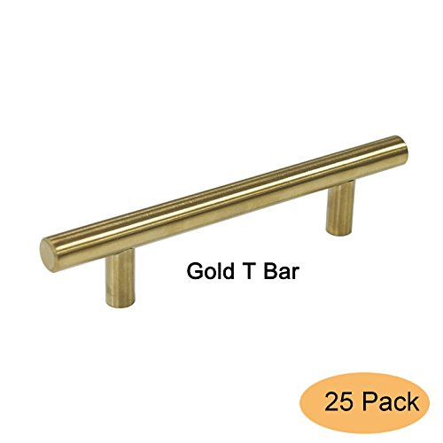 Gobrico Gold Color Drawer Dresser Kitchen Euro Style T Bar Cabinet Handle Pull, 3-3/4"(96mm) Hole Centers, 6" Overall Length-25Packs