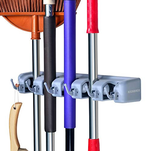 RockBirds Mop Broom Holder, Garden Tools Wall Mounted Commercial Organizer Saving Space Storage Rack for Kitchen Garden and Garage (1 Pack 5 Position)
