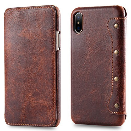 iPhone X/iPhone XS Case, Reginn Waxed Leather Folio with [Card Slot] [Cash Pocket] and [Stand Function] [Qi Charging Compatible] Leather Wallet Case for iPhone X/iPhone XS (Brown)