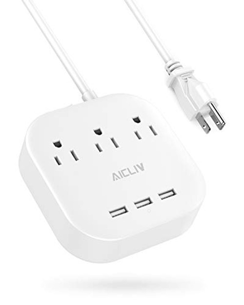 Power Strip with USB, Aicliv Desktop Charging Station with 3 Outlets and 3 USB Ports, 5 ft Extension Cord, Overload Protection, Compact Size for Cruise Ship, Travel, Home and Office, 1625W/13A, White