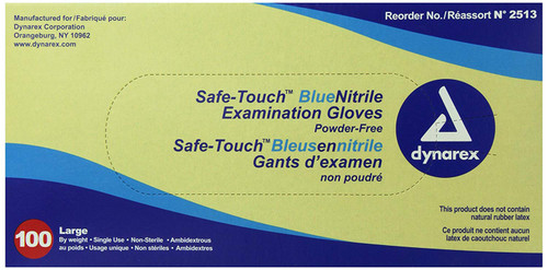 Dynarex 2513 SafeTouch Nitrile Exam Gloves, Non-Latex, Powder Free, Large, Blue (Pack of 100)