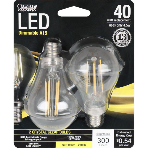 Feit Electric BPA1540C/827/LED/2 40W Equivalent Clear A15 Dimmable Candelabra Base LED Light Bulb (2 Pack), Soft White
