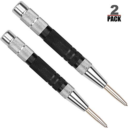 Super Strong Automatic Center Punch - 5 inch Black Steel Spring Loaded Center Hole Punch with Adjustable Tension, Hand Tool for Metal or Wood - Pack of 2