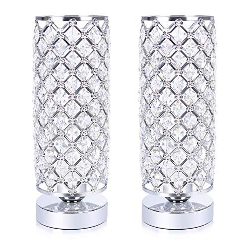 Elegant Crystal Table Lamp Set of 2, Hong-in Desk Lamp with Crystal Shade, Night Light Bedside Lamp, Nightstand Lamps for Bedroom, Living Room, Dining Room, Coffee Table 2 Pack (Silver Chrome)