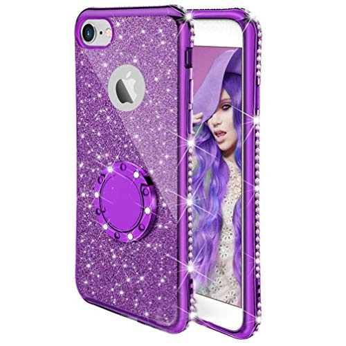 Compatible Apple iPhone 7 iPhone 8 Case, ANERNAI Glitter Cute Girls Women Kickstand Bling Diamond Rhinestone Bumper Ring Stand Protective Durable TPU Cover (Purple)