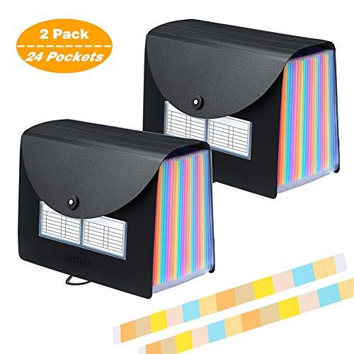 Expanding File Folders, SUNTARY Portable Accordian File Organizer with Expandable Lid, 24 Pockets File Box, Expandable Folder Organizer, Filing Bill Organizer A4 Letter Size, 2 Pack
