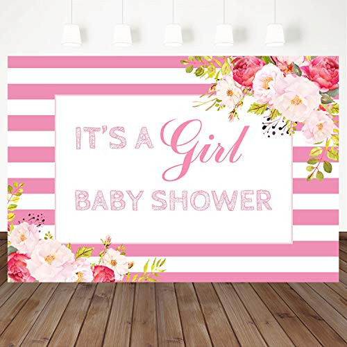 Mocsicka It's Girl Baby Shower Backdrop Watercolor Floral Pink Stripe Baby Shower Party Background 7X5ft Vinyl Girl Party Cake Table Banner Decoration Props Photography Background