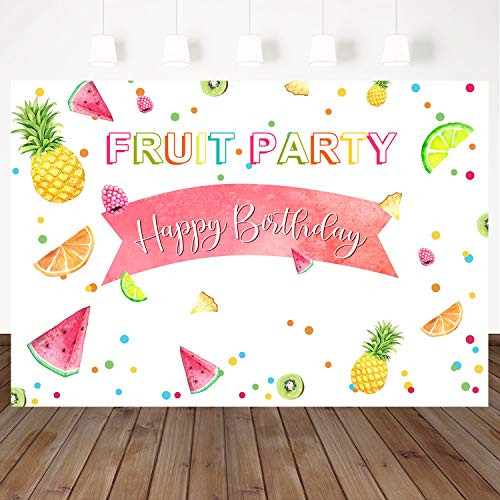 Mocsicka Fruit Party Birthday Backdrop Happy Birthday Summer Fruit Birthday Photography Background 7X5ft Vinyl Watercolor Baby Birthday Party Banner Decorations Backdrops