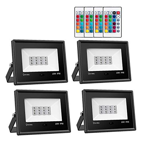 Onforu 4 Pack 20W RGB LED Flood Lights with Remote Control, IP66 Waterproof Dimmable Color Changing Floodlight, 16 Colors 4 Modes Wall Washer Light, Outdoor Decorative Garden Stage Landscape Lighting