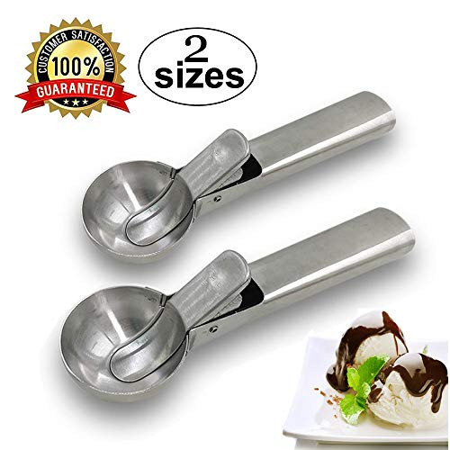 Ice Cream Scoop with Easy Trigger, Dipper, YAOJOE 2 Sizes Stainless steel Ice Cream Spoon for Fruits, Water Melon Scoop Spring Chef Ice Cream Scoop with Comfortable Handle