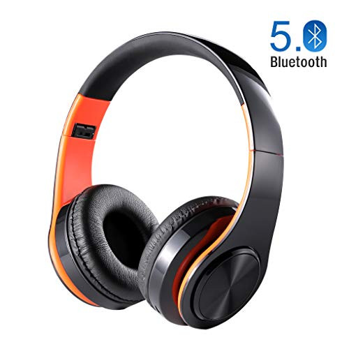 Stereo Lightweight Foldable Bluetooth Headphones Over Ear, Hi-Fi Stereo Wireless Headset, Noise Cancelling Headphones with Long Duration for Travel Work TV PC Cellphone (Orange)