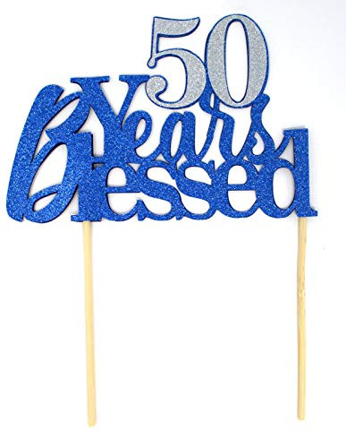 All About Details 50 Years Blessed Cake Topper, 1pc, 50th birthday, 50th anniversary, glitter topper, party decoration, photo props (Blue & Silver)