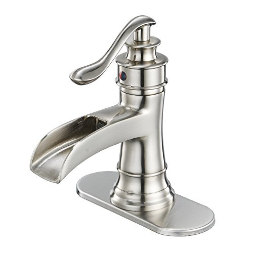 Bathlavish Bathroom Sink Faucet Brushed Nickel Satin Waterfall Single Handle Basin Vanity Lavatory Mixer tap Commercial One Hole Lever Deck Mount Lead-Free