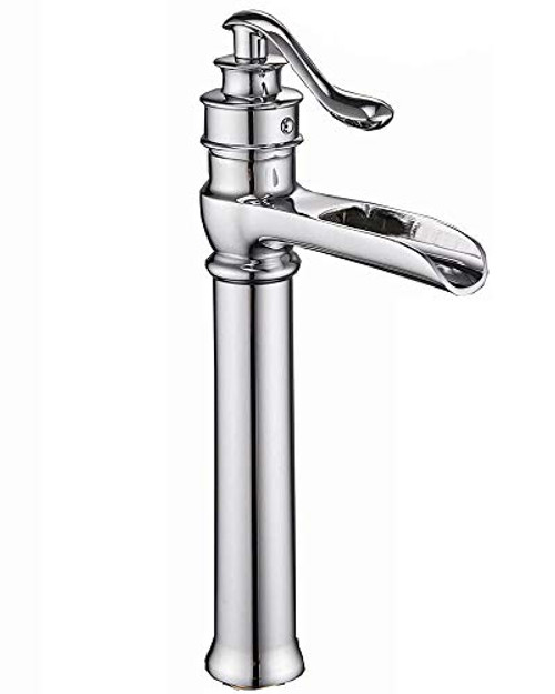 Bathlavish Waterfall Tall Bathroom Vessel Sink Faucet Chrome Single Handle Lavatory Bath Mixer tap Faucets One Hole Lever Deck Mount Counter top Commercial Supply Line Lead-Free