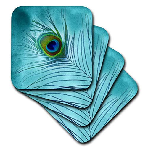 3dRose CST_211236_1 Peacock Feather on Turquoise Background Soft Coaster (Set of 4)