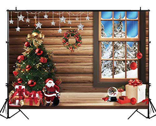 Funnytree 7X5ft Christmas Tree Rustic Cabin Photography Backdrop Xmas Winter Wood Floor Window Background Indoor Decorations Portrait Photobooth Banner Photo Studio Props