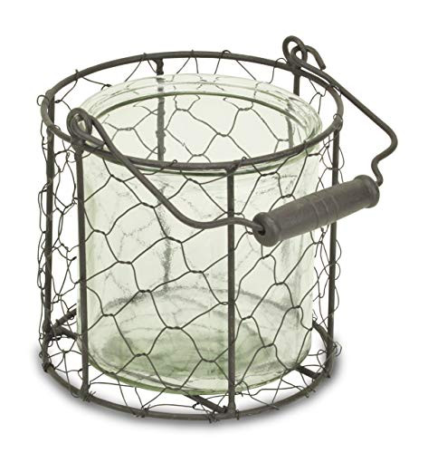 Cheung's 15S001BRL Round Glass Jar in Brown Wire Basket, Brown