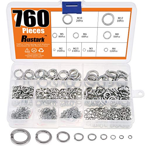 Rustark 760Pcs [9 Sizes] 304 Stainless Steel Spring Lock Washer Assortment Set - M2 M2.5 M3 M4 M5 M6 M8 M10 M12