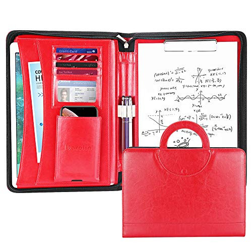 Darolin Zippered Leather Padfolio Portfolio Case with [Hidden Handle] and [Clipboard], Business Conference Portfolio Organizer Notepad Folder, Portfolio Bag, Portfolio Padfolio for Women/Men-Red