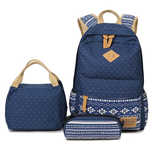 School Backpack, Aiduy Student Canvas Bookbag Lightweight Laptop Bag with Shoulder Bags and Pen Case for Teen Boys and Girls (Navy1 [3pcs])